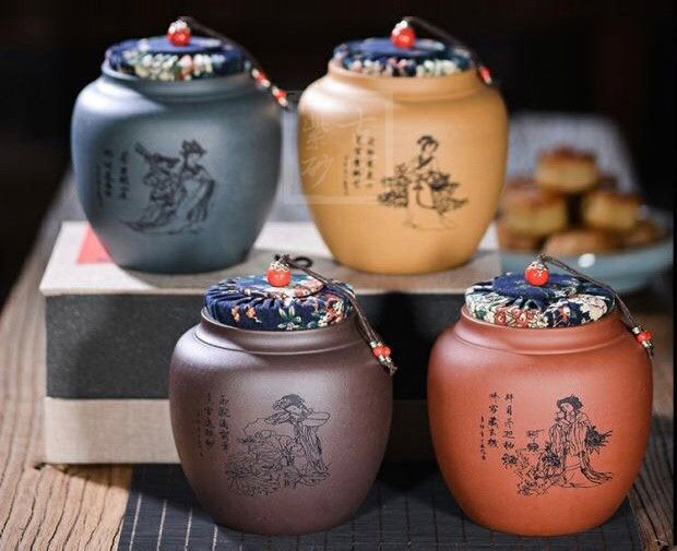 《四大美女茶葉罐》宜興紫砂壺手工紫泥，段泥，紅清水泥，天青泥茶壺具